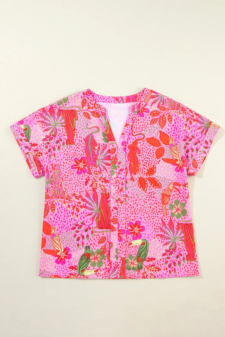 Printed Notched Short Sleeve Top - MyEmpired