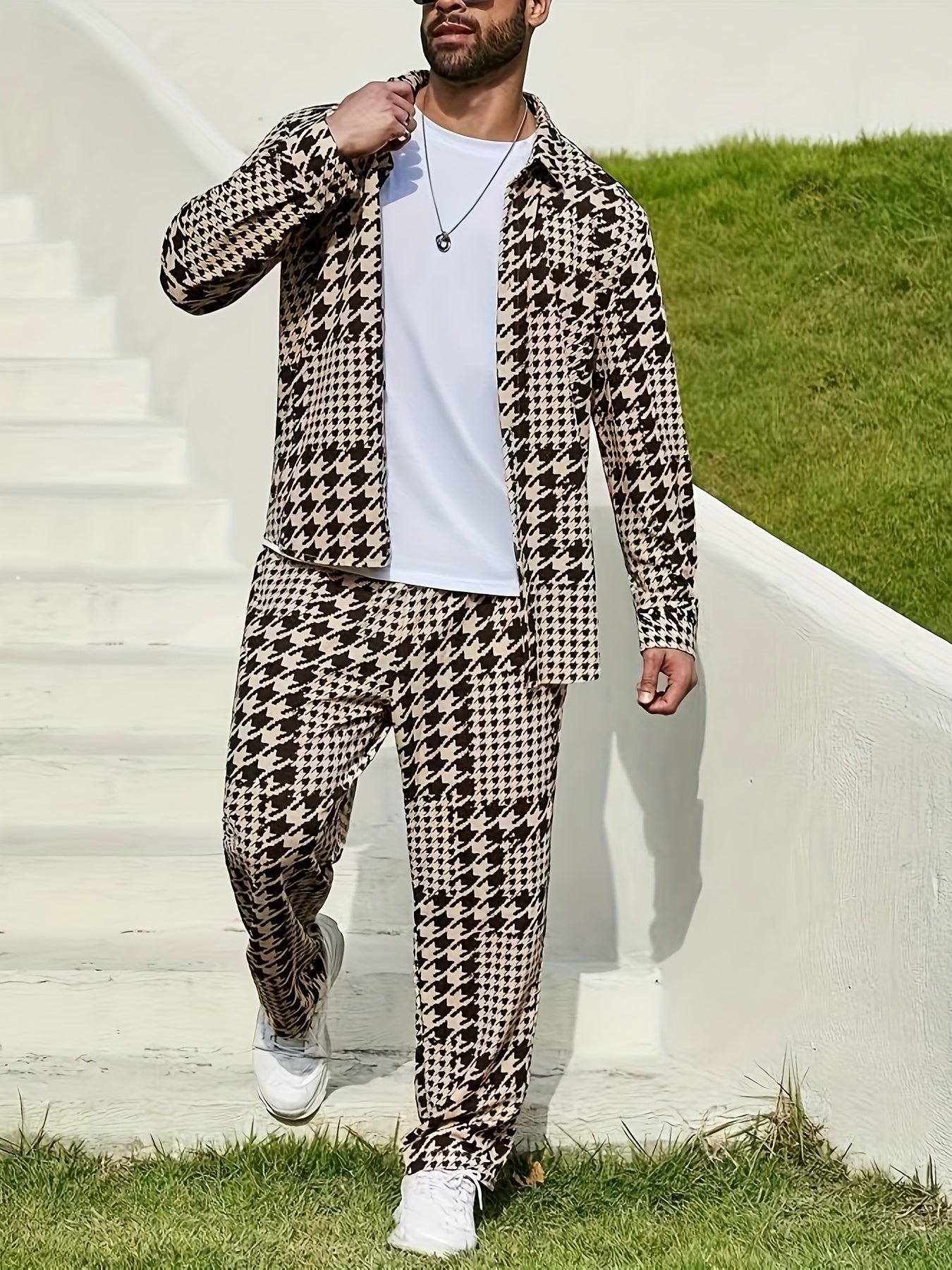 Men's Casual Houndstooth Print Outfit - Polyester, Machine Washable, Non-Stretch Fabric with Lapel Collar Shirt & Pants Set