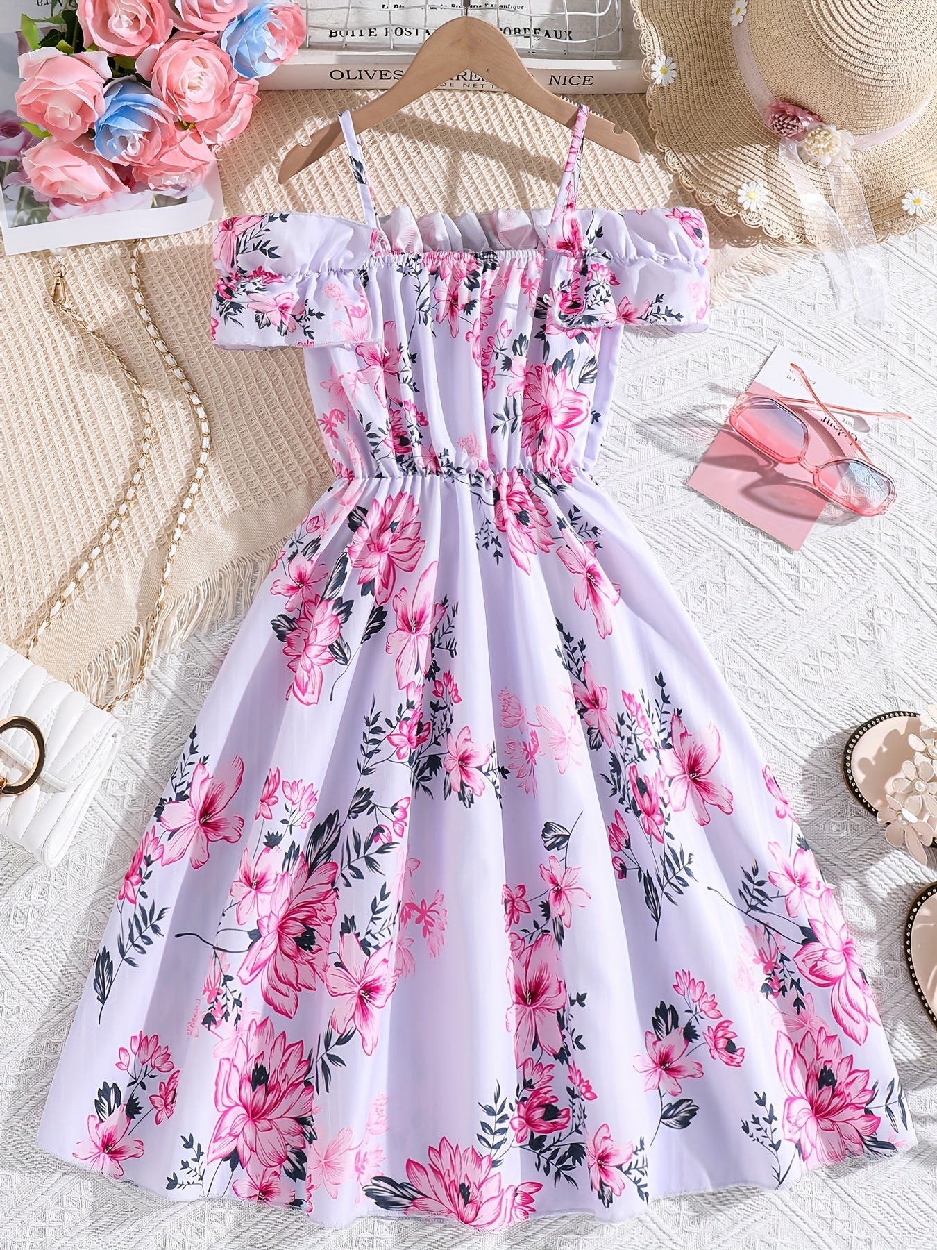 Sweet Girls Flora Print 2pcs Set Ruffle Trim Cami Top + Skirt With Belt Set For Spring Summer Party