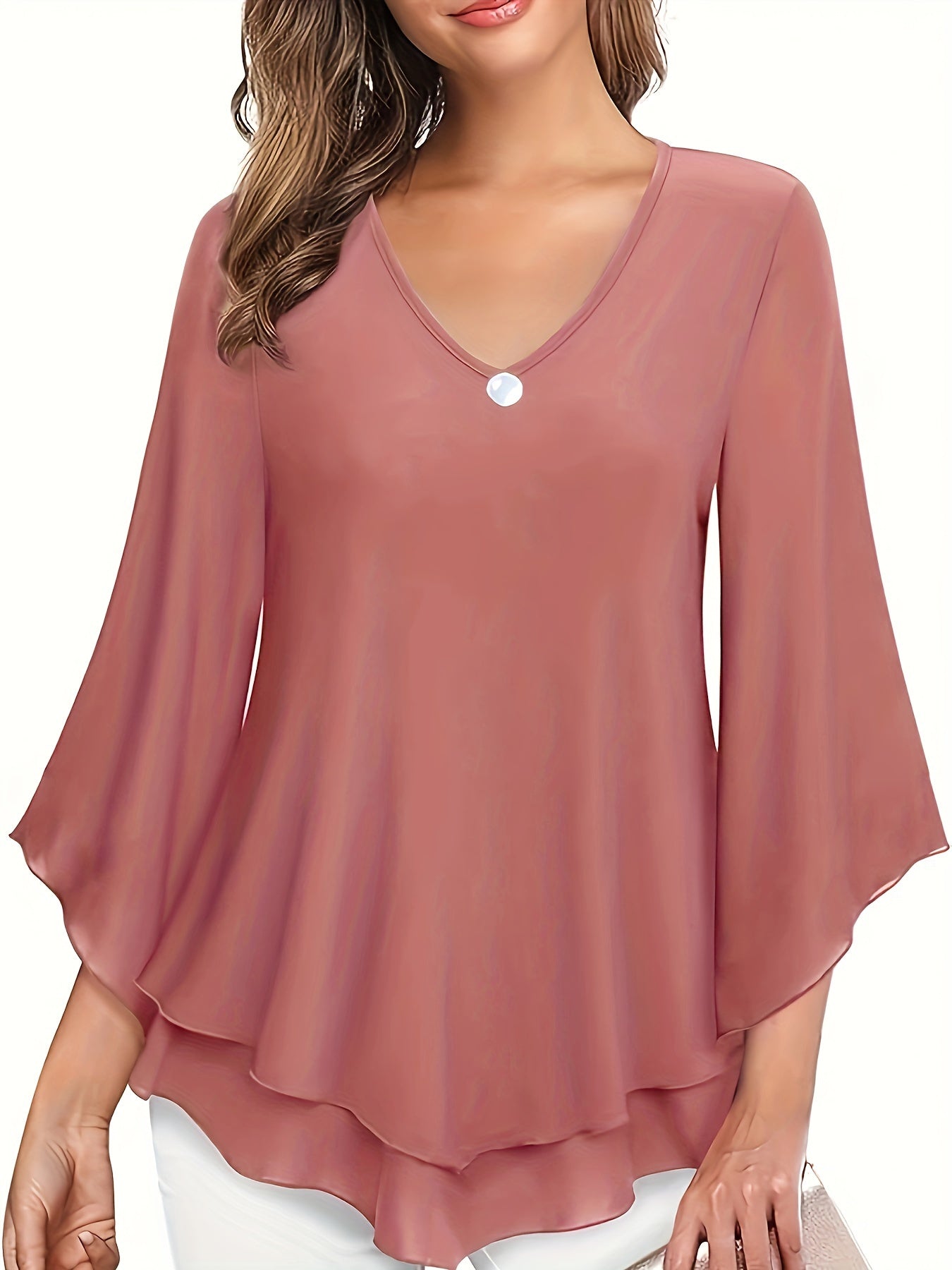 Solid Color V-neck Blouse, Casual Flare Sleeve Layered Hem Top For Spring & Fall, Women's Clothing