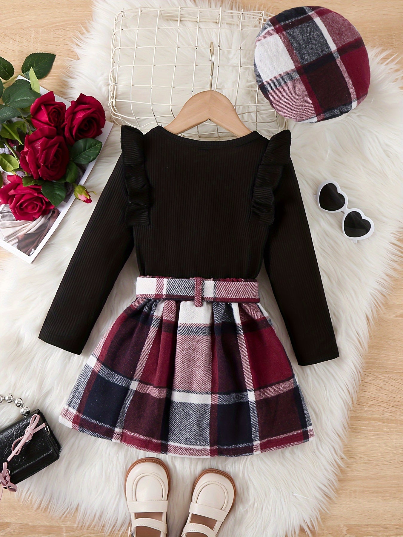 1 Set Girl's Ruffled Long-Sleeve Ribbed Top + Plaid Skirt - Spring & Fall Daily Comfy Outdoor Casual Outfit, As Gift