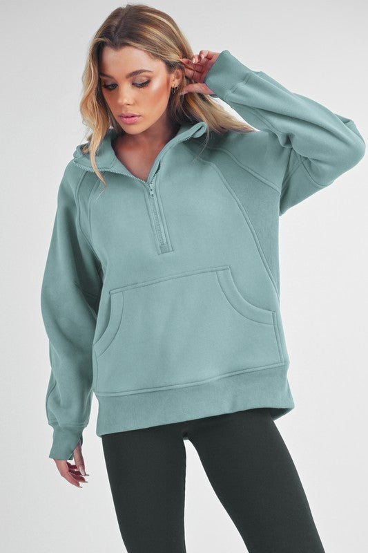Aemi+Co Half Zip Raglan Sleeve Sweatshirt with Kangaroo Pocket - MyEmpired