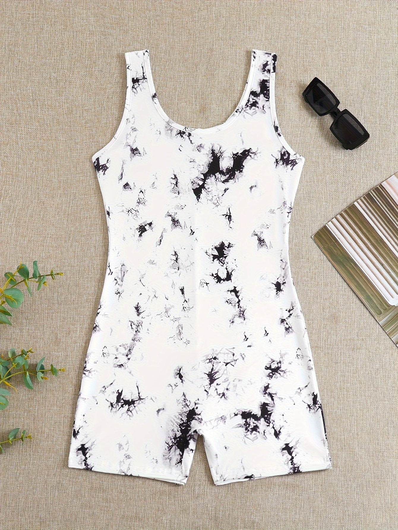 Tie Dye Print Pajama Romper, Round Neck Sleeveless Slim Fit Tank Romper, Women&