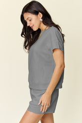 Double Take Full Size Texture Short Sleeve T-Shirt and Drawstring Shorts Set - MyEmpired