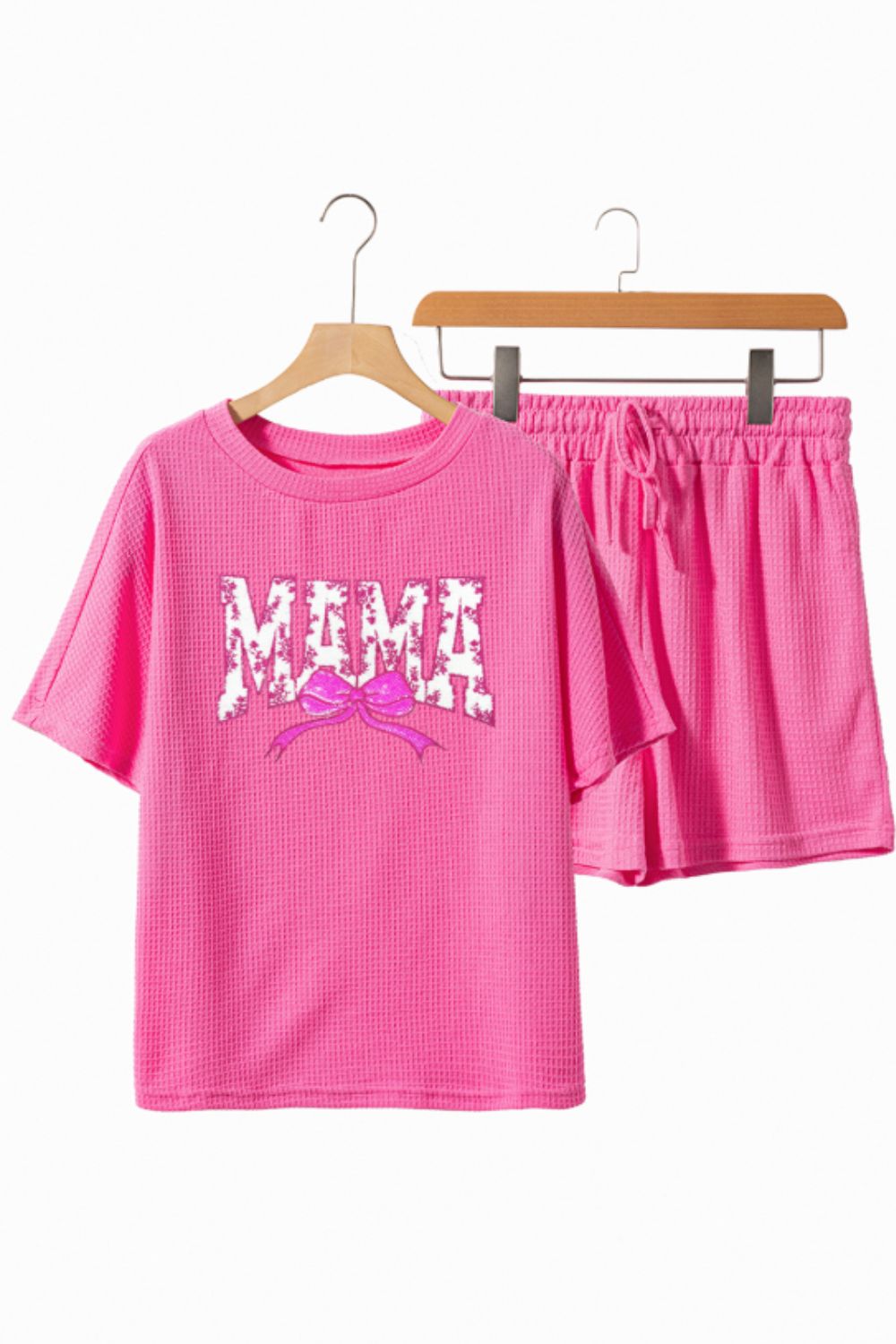 Waffle Sequin Floral MAMA Bow Graphic Top and Shorts Set - MyEmpired