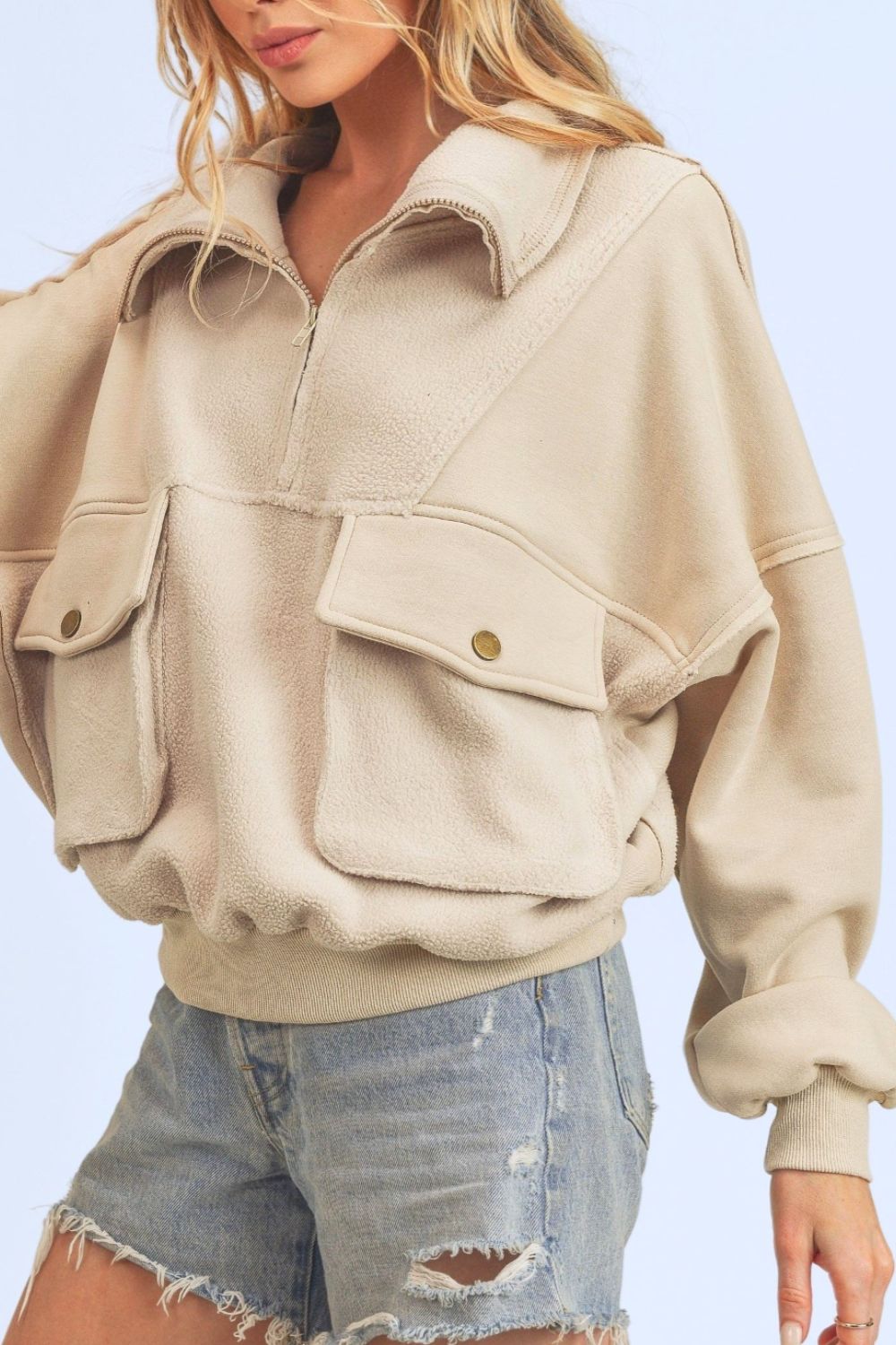 Aemi + Co Exposed Seam Half Zip Sweatshirt with Pockets - MyEmpired