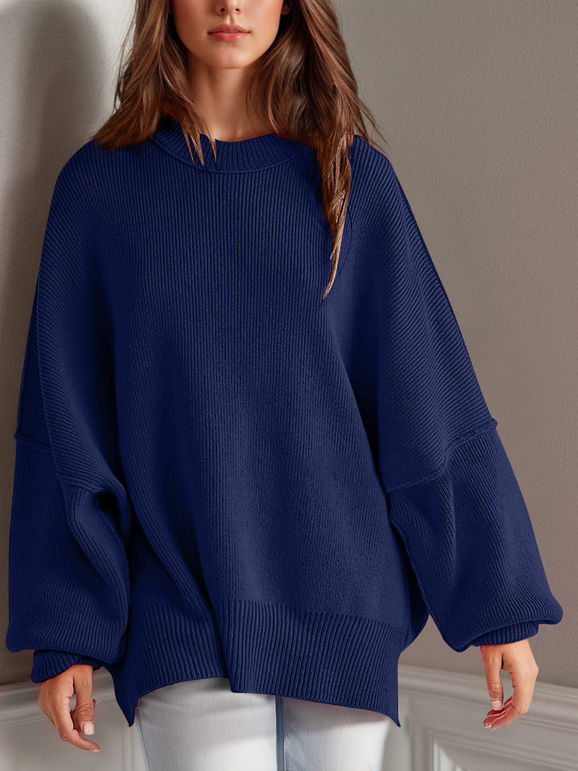 Double Take Side Slit Round Neck Long Sleeve Sweater - MyEmpired