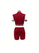 Letter Print Matching Two-piece Set, Color Block Jacket & Elastic Shorts Outfits, Women&