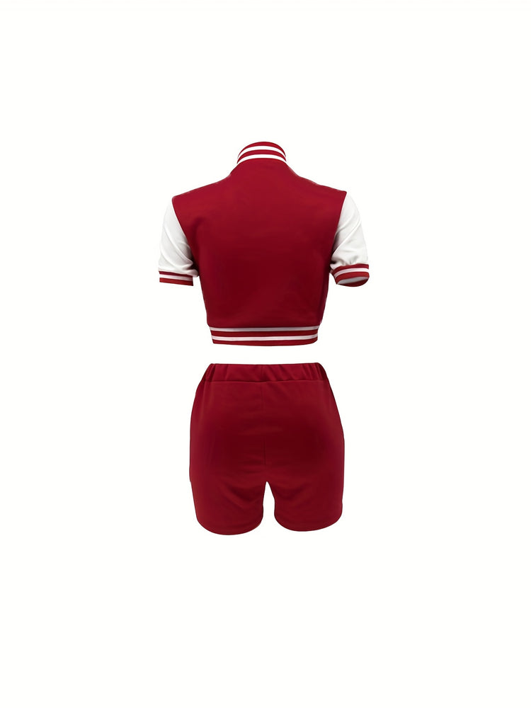 Letter Print Matching Two-piece Set, Color Block Jacket & Elastic Shorts Outfits, Women&