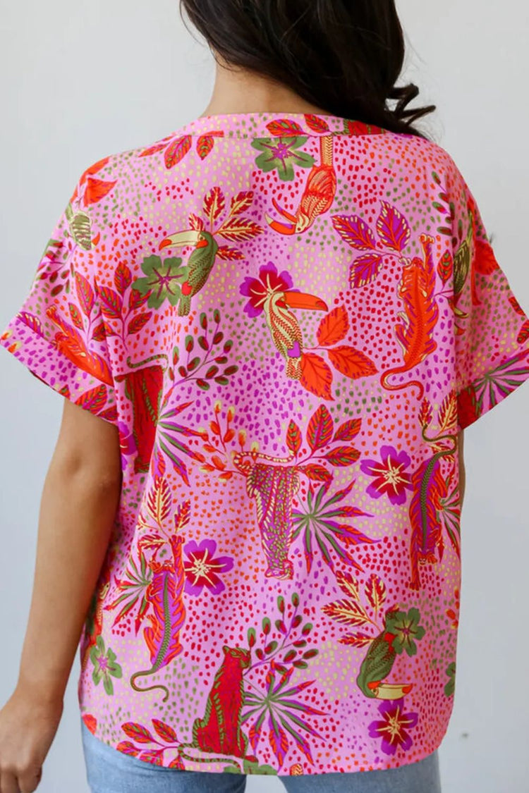 Printed Notched Short Sleeve Top - MyEmpired