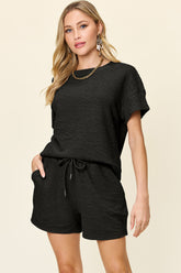 Double Take Full Size Texture Short Sleeve T-Shirt and Drawstring Shorts Set - MyEmpired