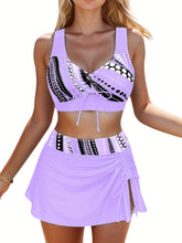 Polka Dot Print 3 Piece Set Tankini, V Neck Drawstring Front High Cut With Cover Up Skirt Swimsuits, Women&