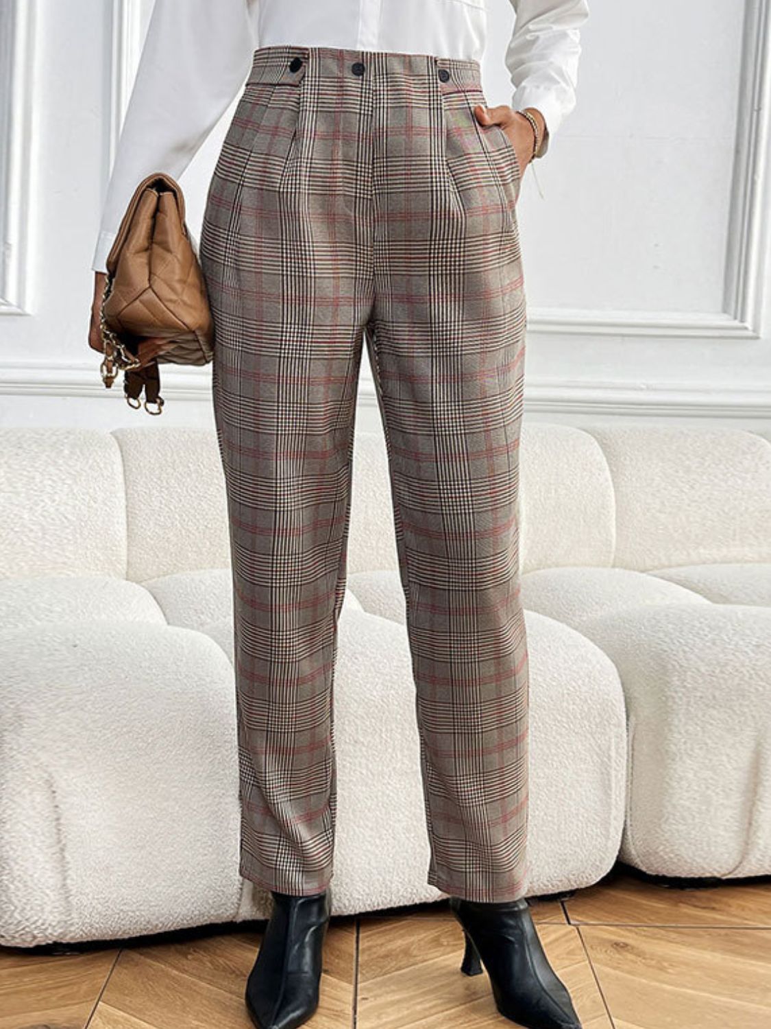 Perfee Plaid Straight Pants with Pockets - MyEmpired