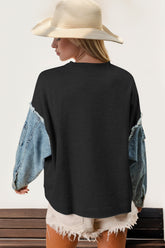 Double Take Raw Edge Star Contrast Sweatshirt - MyEmpired