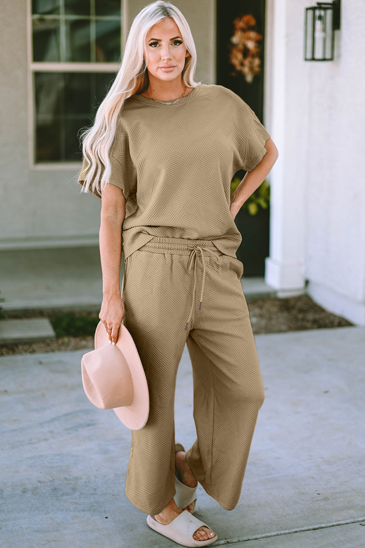 Double Take Full Size Texture Short Sleeve Top and Pants Set - MyEmpired