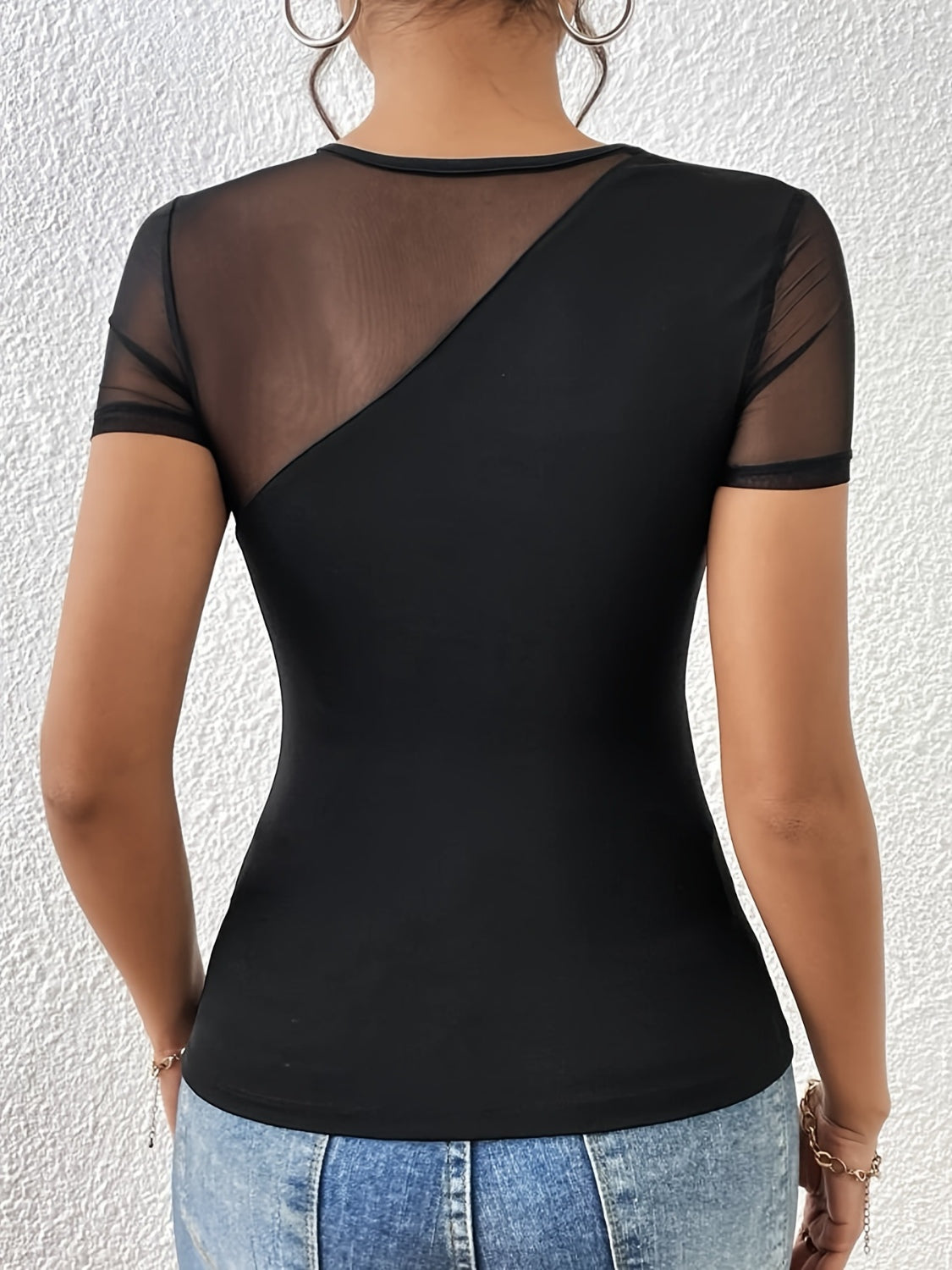 Mesh Patchwork Round Neck Short Sleeve Top - MyEmpired