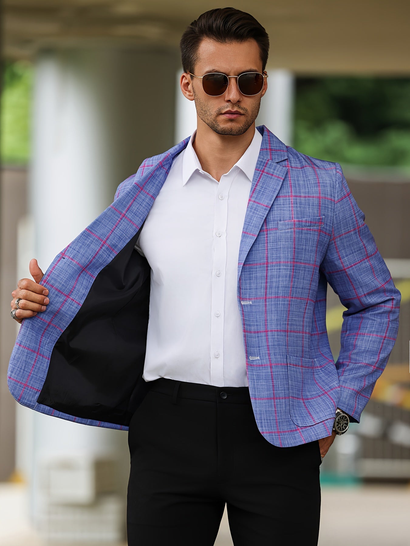 Men's Plaid Blazer, Notch Lapel Collar Two Button Suit Jacket, Male's Leisure Fashion For Business And Party Wear