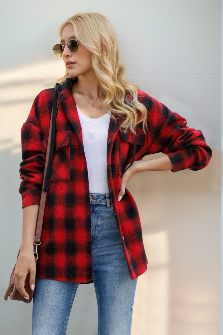 Double Take Drawstring Plaid Long Sleeve Hooded Shacket - MyEmpired