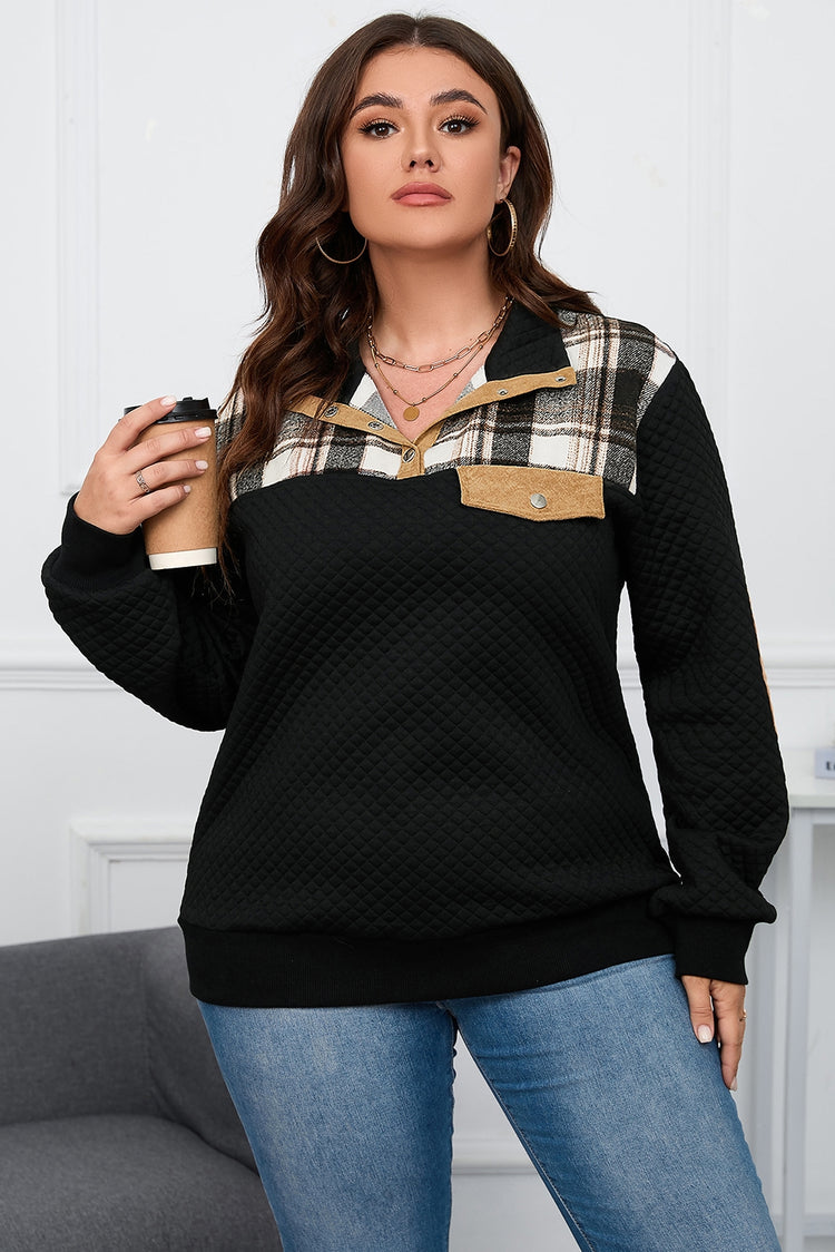 Plus Size Waffle-Knit Collared Neck Sweatshirt - MyEmpired