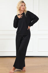 Double Take Full Size Textured Long Sleeve Top and Drawstring Pants Set - MyEmpired