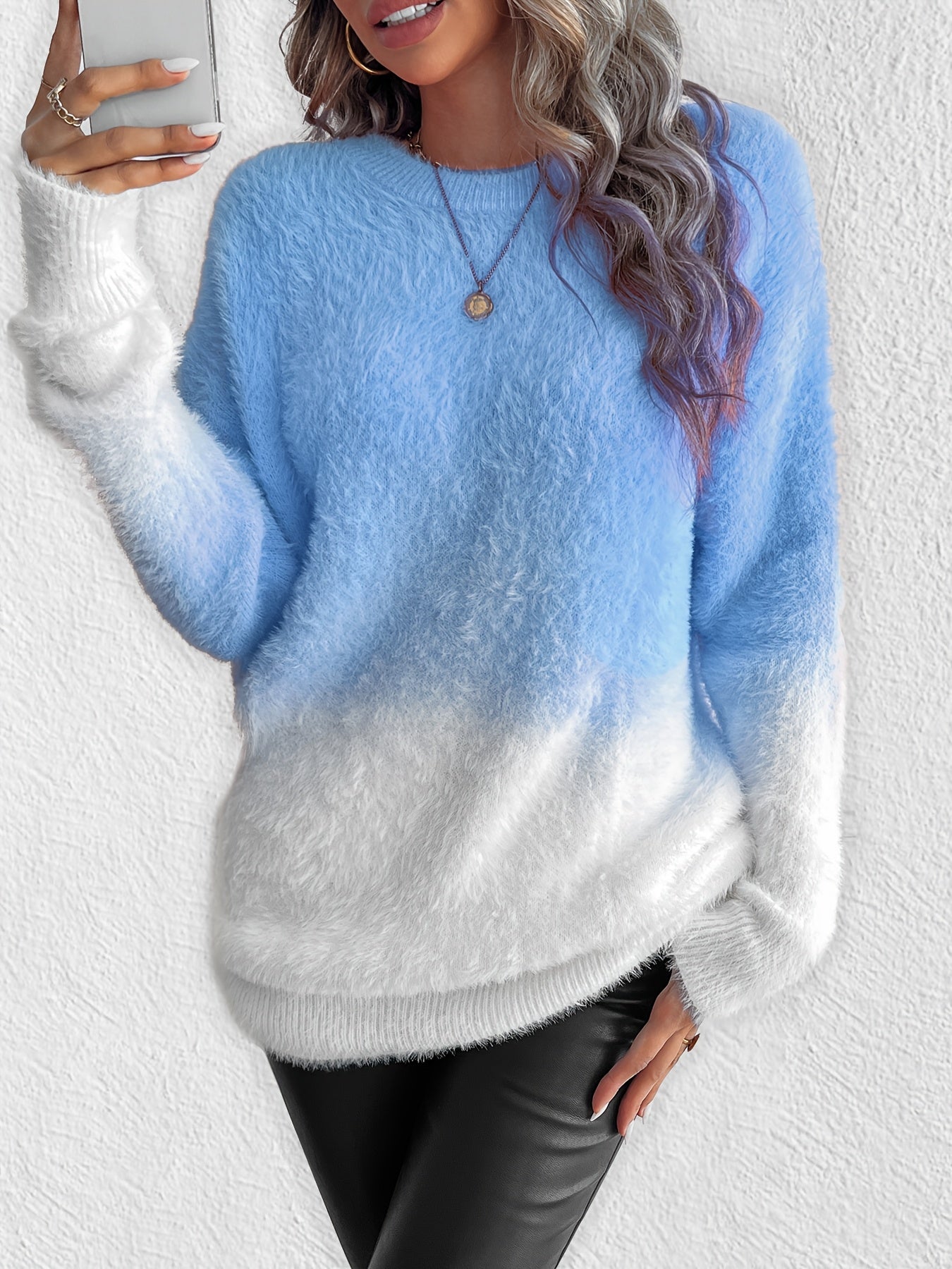 Gradient Color Crew Neck Fuzzy Sweater, Elegant Long Sleeve Sweater For Fall & Winter, Women's Clothing