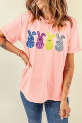Sequin Bunny Round Neck Short Sleeve T-Shirt - MyEmpired