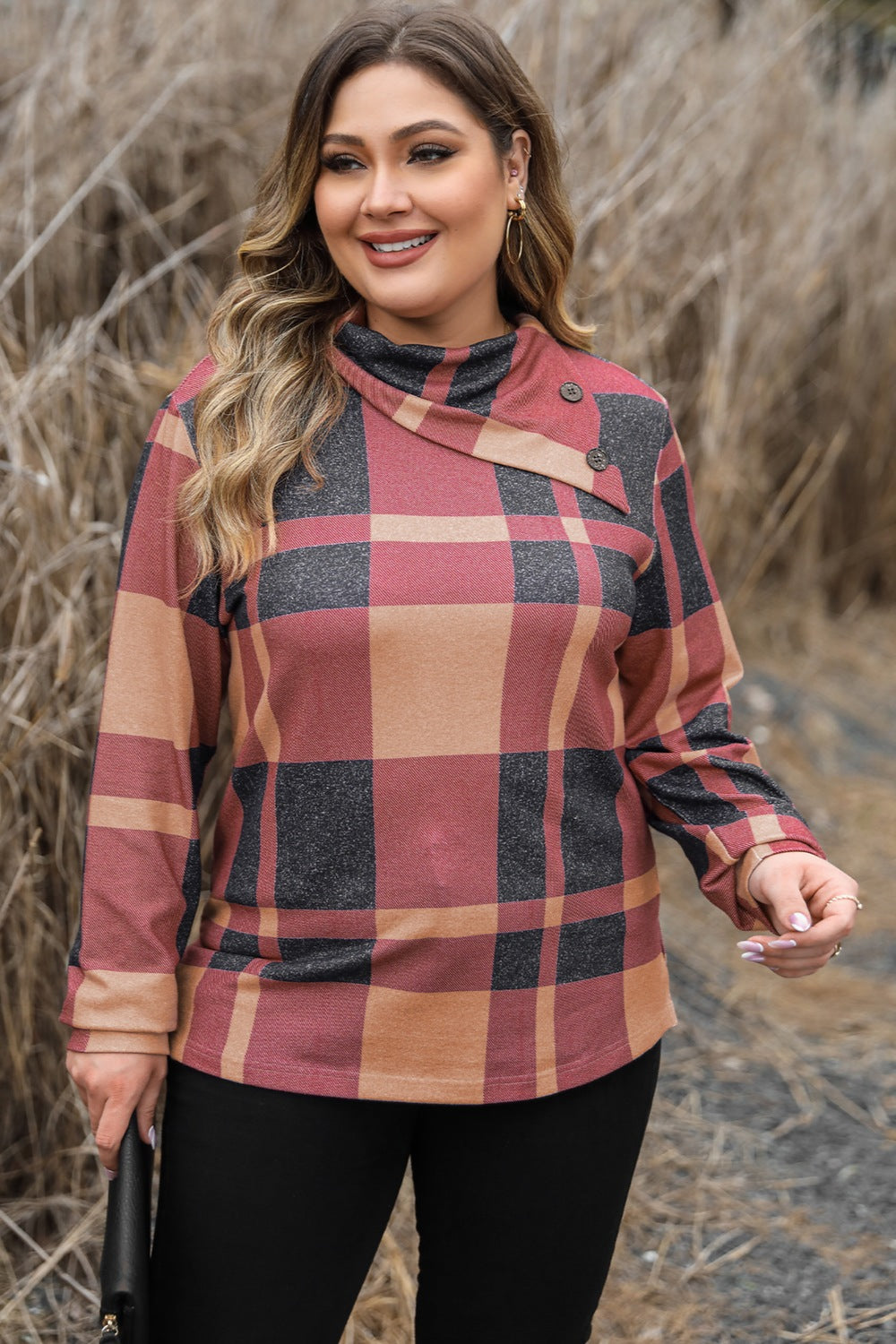 Plus Size Plaid Cowl Neck Long Sleeve Sweatshirt - MyEmpired