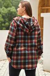Plus Size Drawstring Plaid Quarter Button Hoodie - MyEmpired