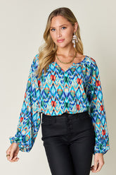 Double Take Full Size Printed Balloon Sleeve Blouse - MyEmpired