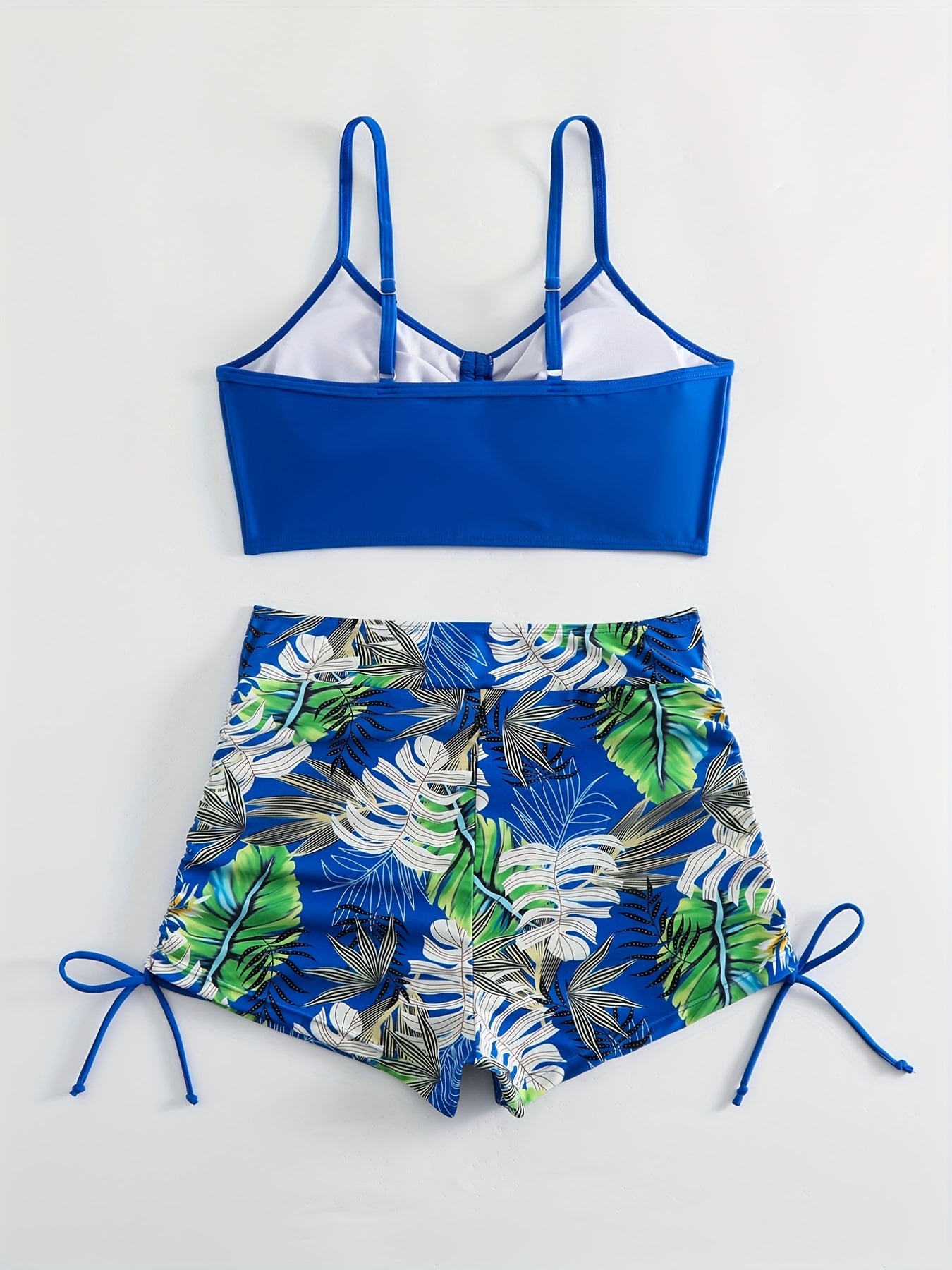 Tropical Leaf Print V Neck High Waist Bikini Sets, Drawstring Spaghetti Straps Boxer Short Bottoms Two Pieces Swimsuit, Women's Swimwear & Clothing