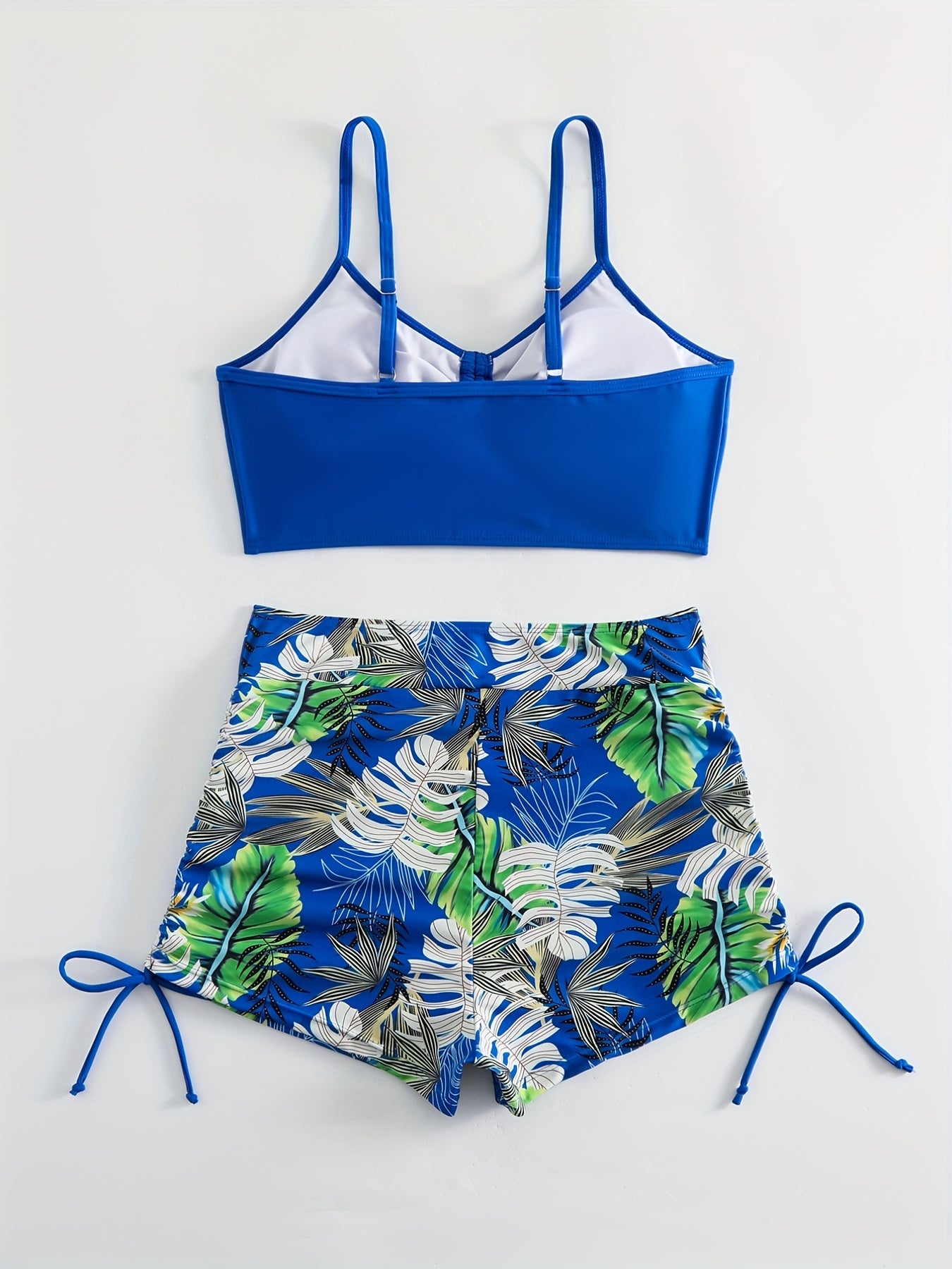 Tropical Leaf Print V Neck High Waist Bikini Sets, Drawstring Spaghetti Straps Boxer Short Bottoms Two Pieces Swimsuit, Women&
