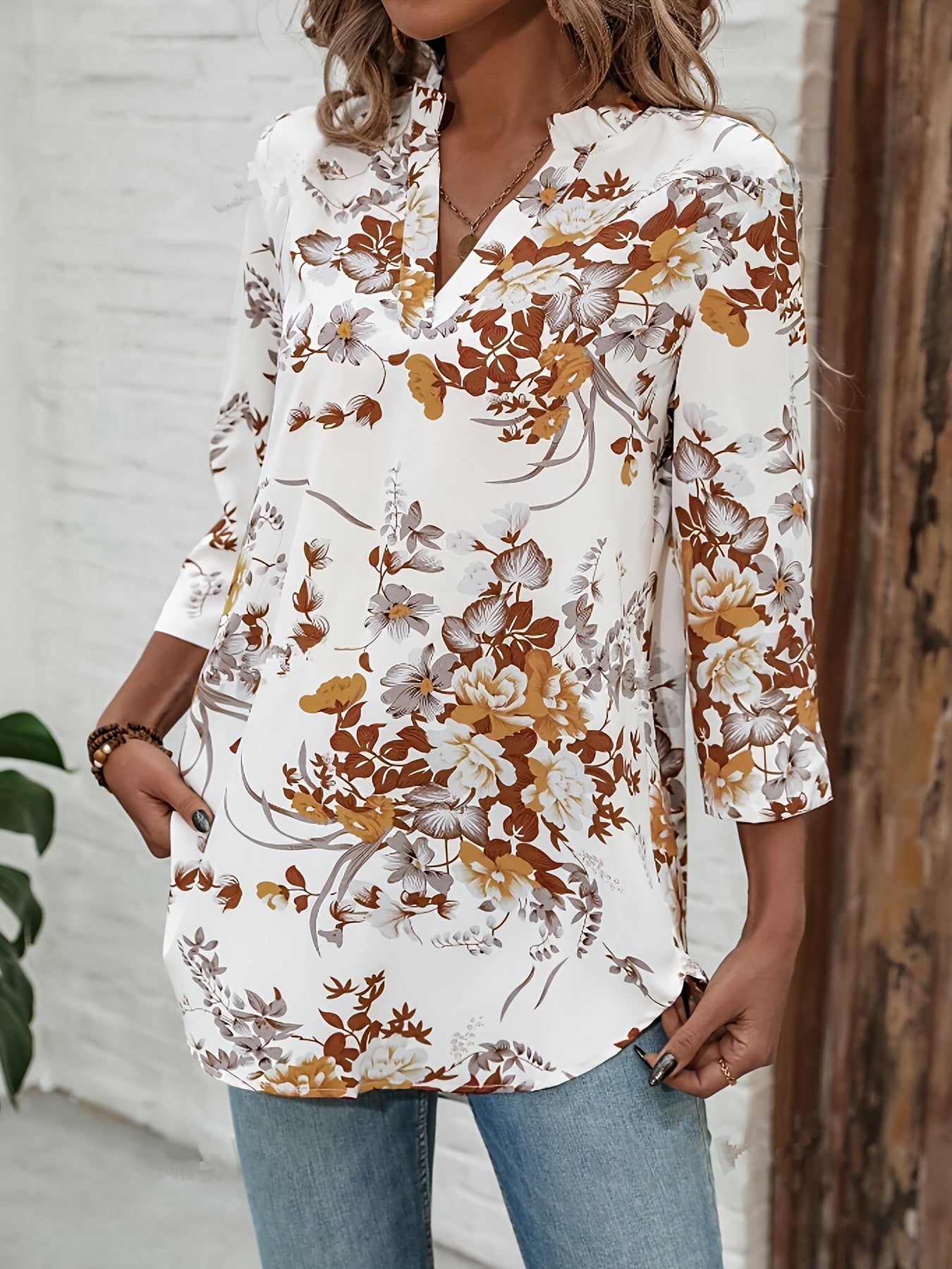 Elegant Floral Print Notched Collar Blouse