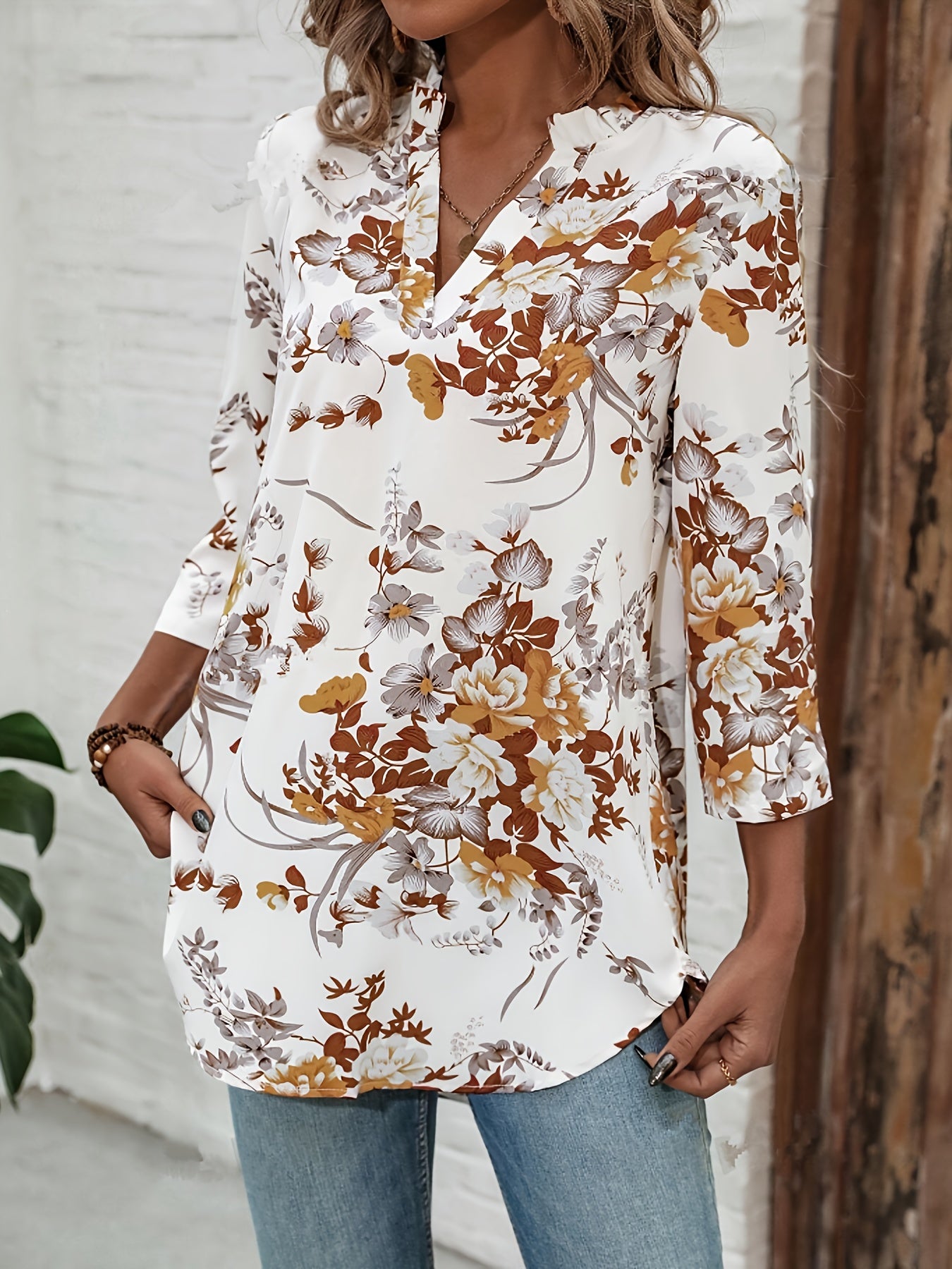 Elegant Floral Print Notched Collar Blouse - MyEmpired