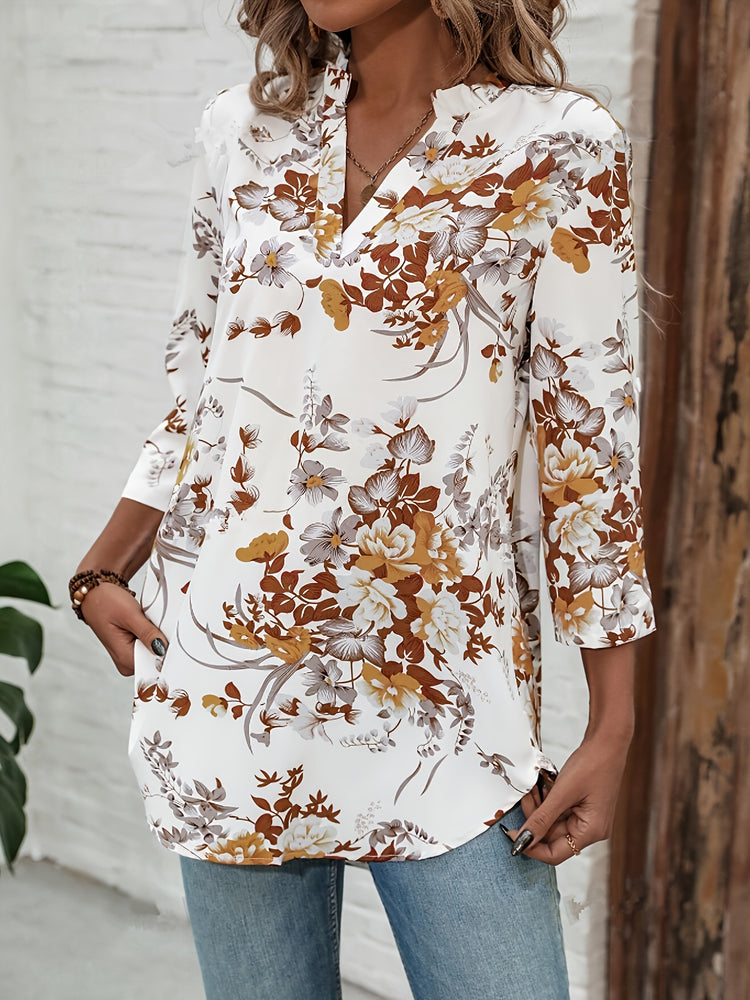 Elegant Floral Print Notched Collar Blouse - MyEmpired