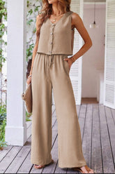 Button Down Vest and Drawstring Wide Leg Pants Set - MyEmpired