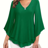 Solid Color V-neck Blouse, Casual Flare Sleeve Layered Hem Top For Spring & Fall, Women&