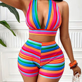 Colorful Striped Sexy Shorts Set, Crop Backless Tie Back Sleeveless Halter Top & High Waist Skinny Fit Shorts, Women&