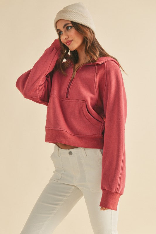 Aemi + Co Half Zip Raglan Sleeve Hoodie with Kangaroo Pocket - MyEmpired