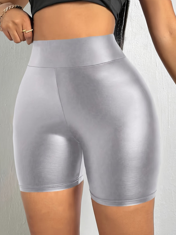 Faux Leather Solid Color Skinny Shorts, Elegant High Waist Shorts For Spring & Summer, Women&