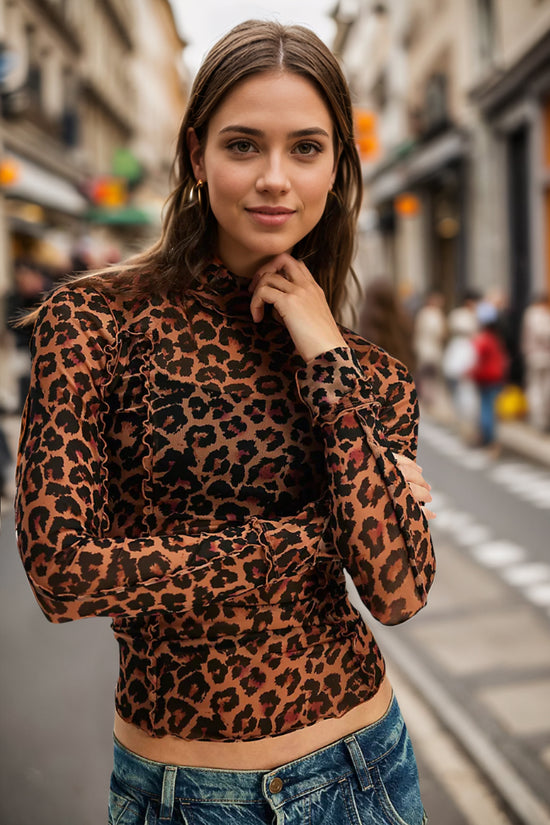 Oh Full Size Frill Printed Mock Neck Long Sleeve Top - MyEmpired