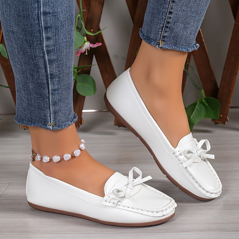 Women's Bow Flat Shoes, Solid Color Round Toe Slip On Shoes, Comfy & Lightweight Every Day Loafers