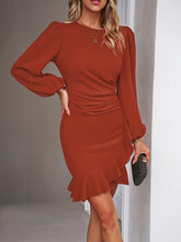 Ruched Ruffle Wrap Bodycon Dress, Elegant Crew Neck Long Sleeve Dress For Spring & Fall, Women&