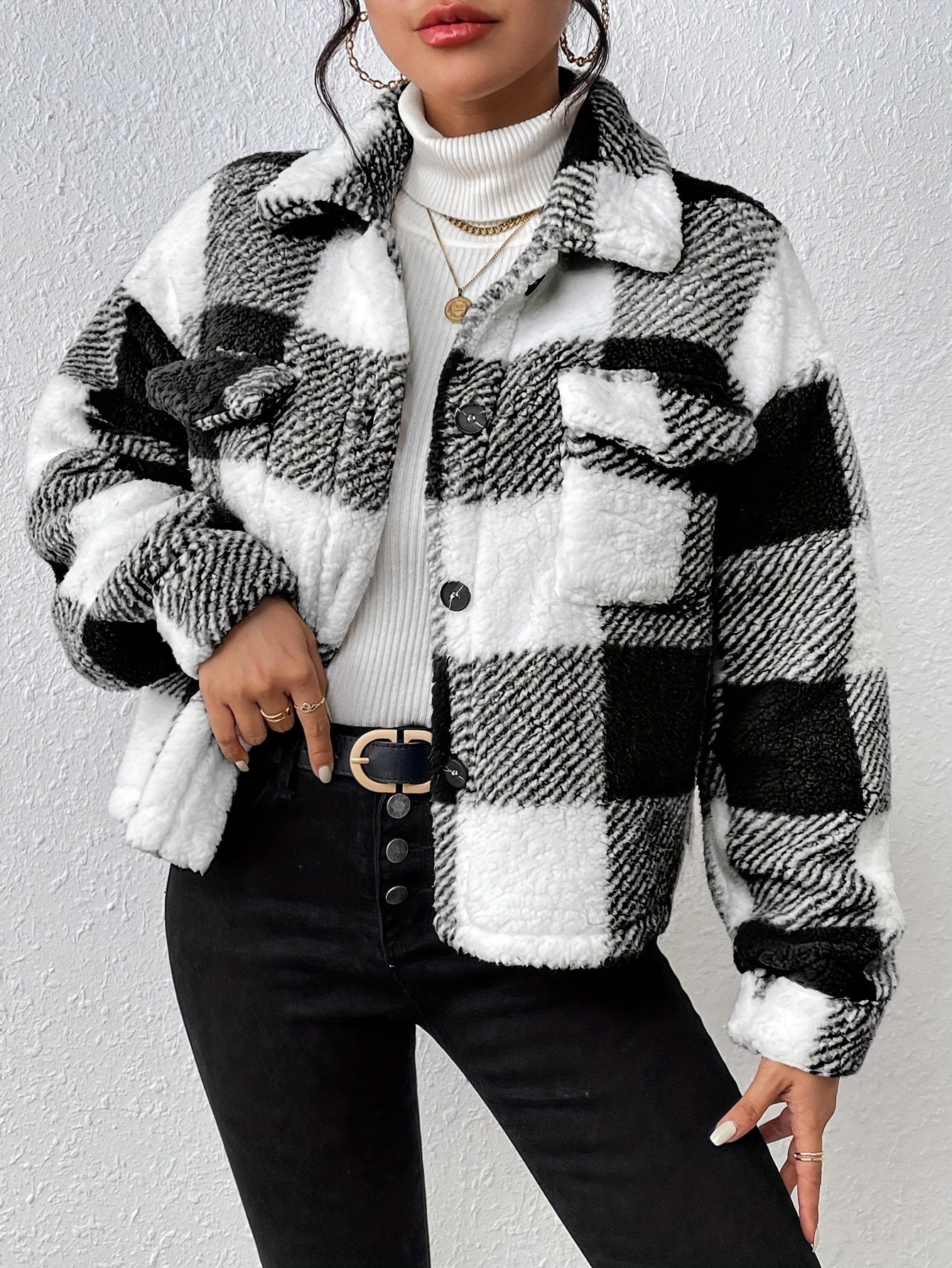 Plaid Pattern Button Front Fuzzy Coat, Casual Long Sleeve Warm Outerwear For Fall & Winter, Women's Clothing