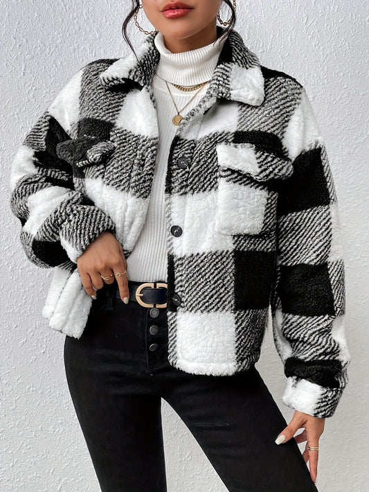 Plaid Pattern Button Front Fuzzy Coat, Casual Long Sleeve Warm Outerwear For Fall & Winter, Women's Clothing