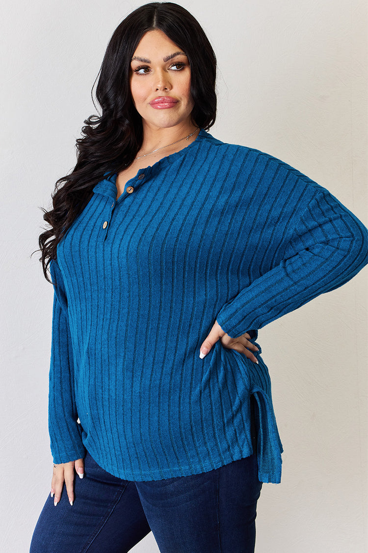 Basic Bae Full Size Ribbed Half Button Long Sleeve High-Low T-Shirt - MyEmpired