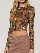 Leopard Floral Round Neck Long Sleeve Mesh T-Shirt - MyEmpired