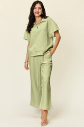 Double Take Full Size Texture Half Zip Short Sleeve Top and Pants Set - MyEmpired