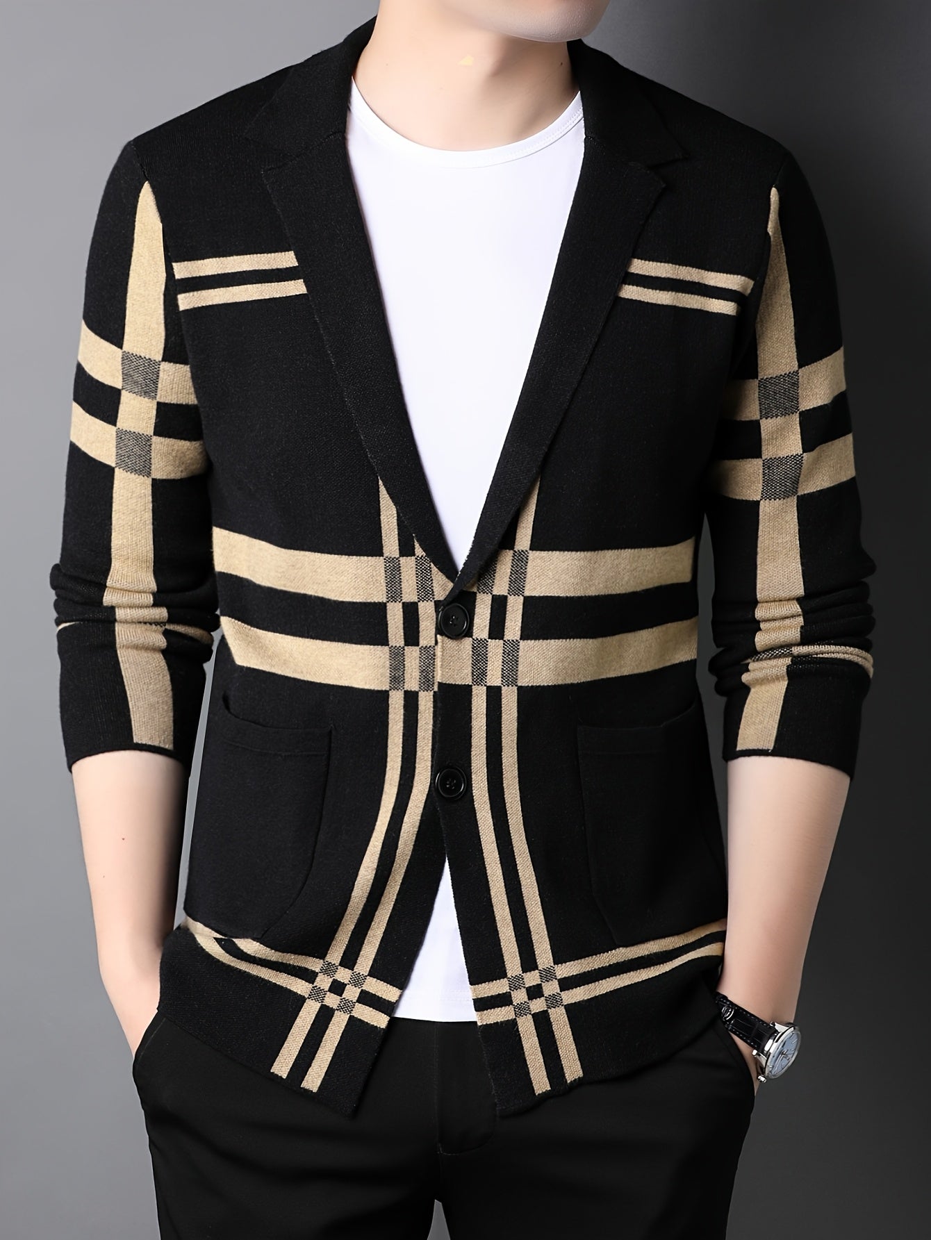 Men's Striped Knit Cardigan - Casual & Business-Ready, Button-Up with Lapel Collar for Fall/Winter, for Autumn, Spring