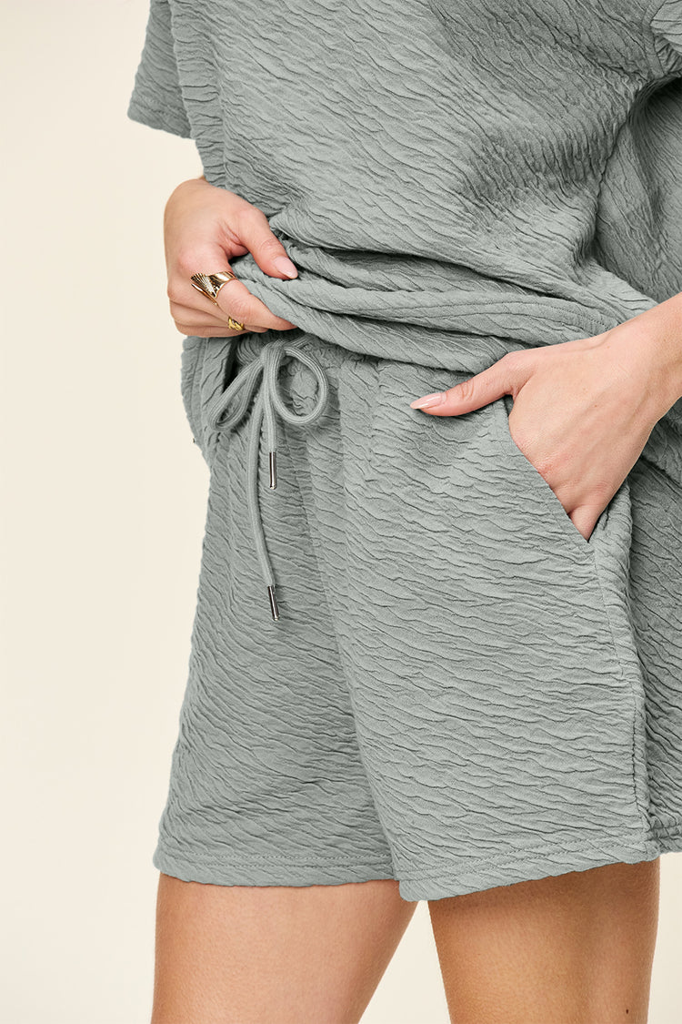 Double Take Full Size Texture Short Sleeve T-Shirt and Drawstring Shorts Set - MyEmpired