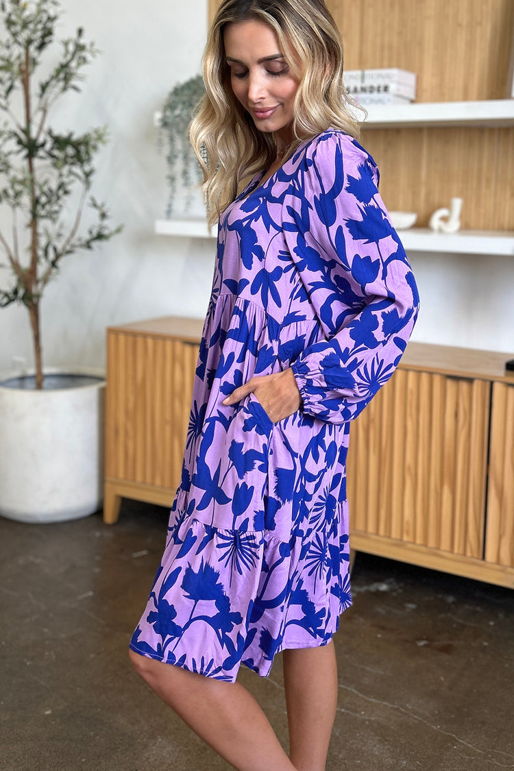 Double Take Full Size Printed Ruffle Hem Dress with Pocket - MyEmpired
